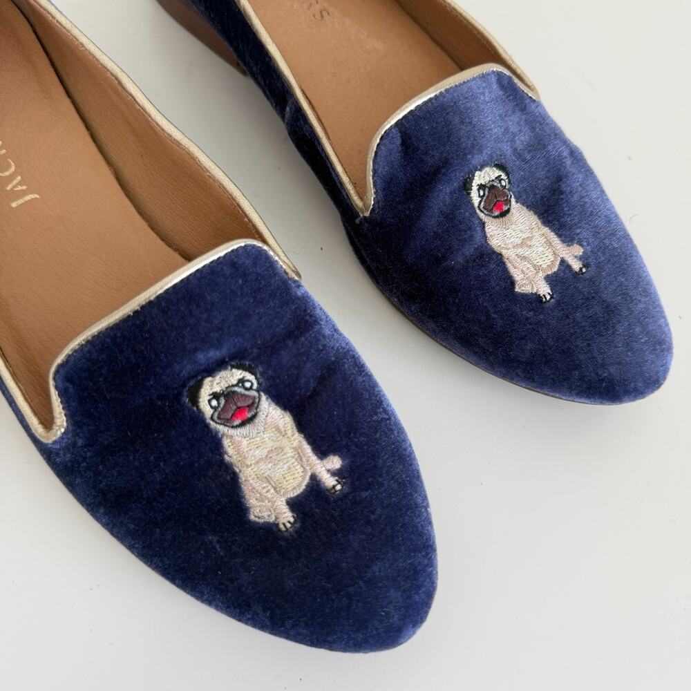 Jack Rogers Loafers Womens 9 Blue Velvet Pug Dog Embroidered Smoking Shoes Flats - Picture 4 of 11